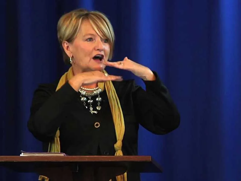Sherry Poundstone speaking at a conference